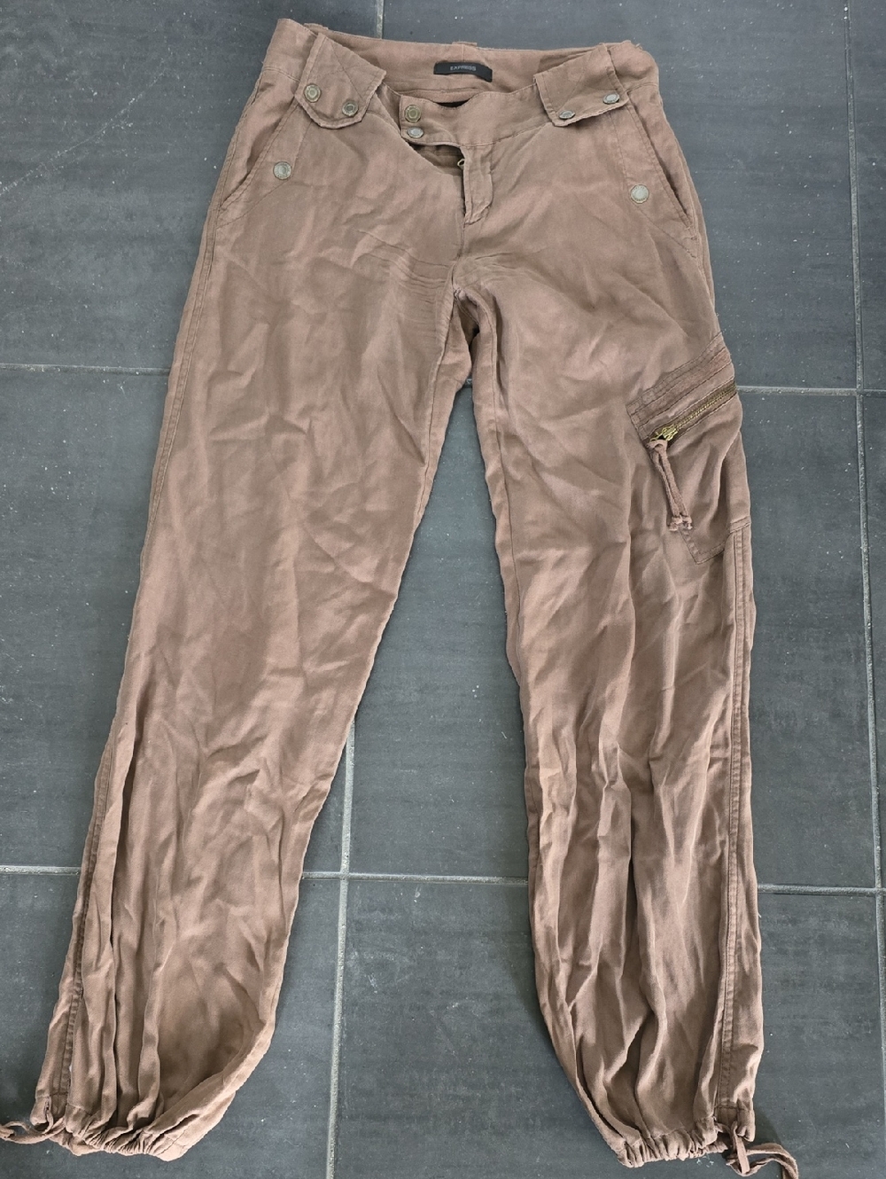 Express Women's Light Brown Cargo Pants with Zip Pocket, Super Soft Lightweight